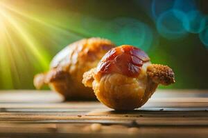 two small pastries sitting on top of a wooden table. AI-Generated photo