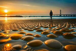 un hombre camina a lo largo el playa a puesta de sol. generado por ai foto