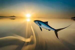 a fish is flying through the air at sunset. AI-Generated photo