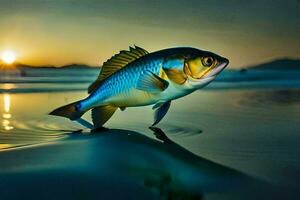 un pescado es en pie en el playa a puesta de sol. generado por ai foto