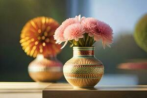 two vases with pink flowers sitting on a table. AI-Generated photo