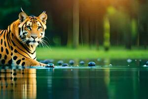 a tiger is standing in the water with its head down. AI-Generated photo