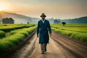 un hombre en un sombrero y Saco camina abajo un suciedad la carretera. generado por ai foto