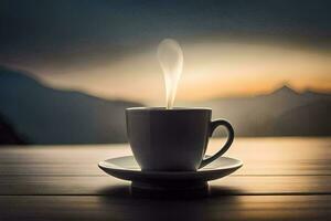 a cup of coffee on a table with mountains in the background. AI-Generated photo