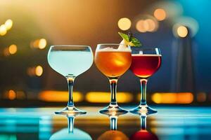 Tres diferente tipos de alcohólico bebidas en un bar. generado por ai foto