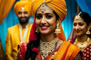 a woman in an indian wedding dress smiles for the camera. AI-Generated photo