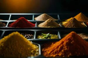 a tray of spices and spices. AI-Generated photo