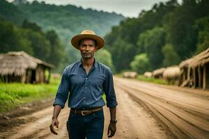 un hombre en un sombrero camina abajo un suciedad la carretera. generado por ai foto