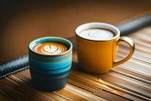 two coffee cups with latte art on the table. AI-Generated photo