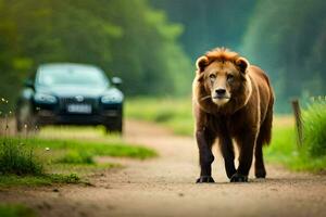 a lion walking on a road with a car in the background. AI-Generated photo