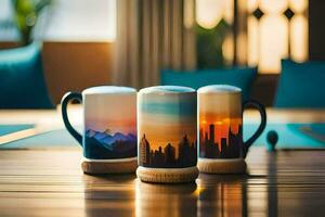 three coffee mugs with a view of mountains. AI-Generated photo