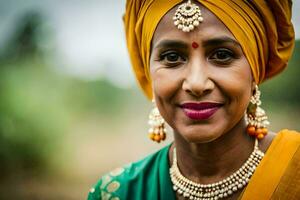 a woman wearing a turban and jewelry. AI-Generated photo