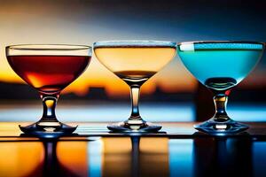 three different colored drinks in glasses on a table. AI-Generated photo