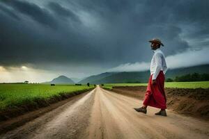 un hombre caminando en un suciedad la carretera en el medio de un campo. generado por ai foto