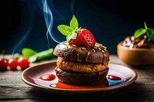 chocolate cake with cherry on top and smoke. AI-Generated photo