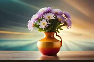 purple flowers in a vase on a table in front of the ocean. AI-Generated photo