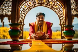 a man in traditional indian attire sits on a table with a vase. AI-Generated photo