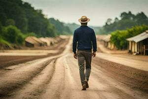 hombre caminando en suciedad la carretera con de madera chozas en antecedentes. generado por ai foto