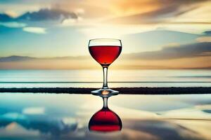 un vaso de rojo vino en el playa a puesta de sol. generado por ai foto