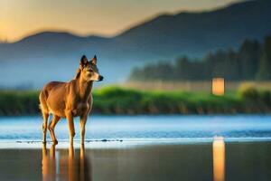 a deer stands in the water at sunset. AI-Generated photo