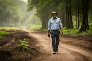 a man walking down a dirt road in the forest. AI-Generated photo