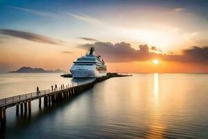 a cruise ship docked at the pier at sunset. AI-Generated photo