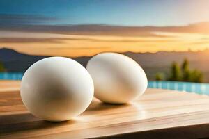 two white eggs on a table in front of a pool. AI-Generated photo
