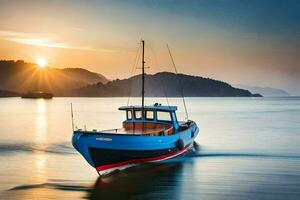 a blue boat sailing on the ocean at sunset. AI-Generated photo