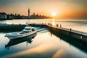 a boat is docked at the pier in front of a city skyline. AI-Generated photo