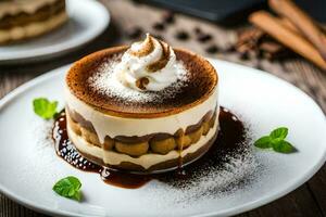 a dessert with whipped cream and chocolate on a plate. AI-Generated photo