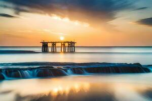 a pier in the ocean at sunset. AI-Generated photo