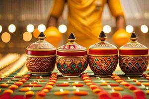 a man is standing in front of colorful vases. AI-Generated photo