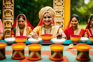 a bride and groom in traditional indian attire. AI-Generated photo