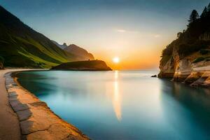 the sun sets over a beach and mountains. AI-Generated photo