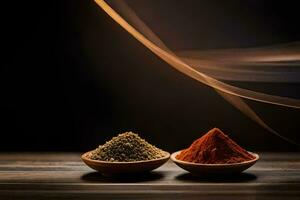 spices in a wooden bowl on a dark background. AI-Generated photo