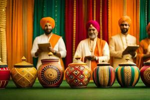 a group of men in turbans standing next to colorful vases. AI-Generated photo