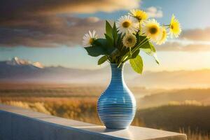sunflowers in a vase on a balcony overlooking the mountains. AI-Generated photo