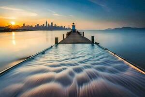 a long exposure photograph of a dock at sunset. AI-Generated photo