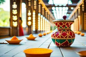 a colorful vase sits on a wooden floor with candles. AI-Generated photo