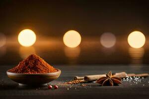 spices and cinnamon on a wooden table with a candle. AI-Generated photo
