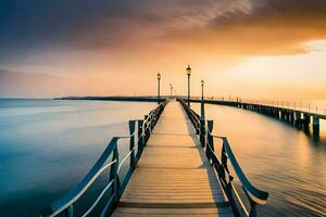 un largo muelle estiramientos fuera dentro el Oceano a puesta de sol. generado por ai foto