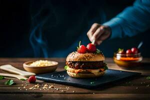 a man is holding a burger with berries on it. AI-Generated photo