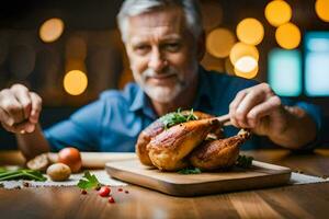 a man is holding a turkey on a cutting board. AI-Generated photo