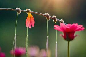 a pink flower with a string hanging from it. AI-Generated photo