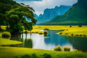 a river in the middle of a green field with mountains in the background. AI-Generated photo