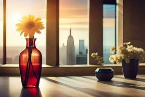 a vase with a flower and a view of the city. AI-Generated photo