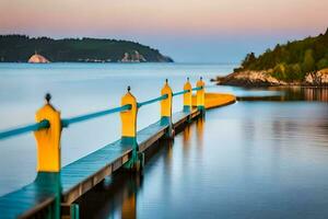 a long pier with a yellow and blue railing. AI-Generated photo