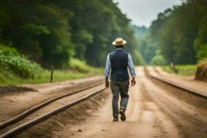 un hombre en un sombrero y chaleco caminando abajo un suciedad la carretera. generado por ai foto