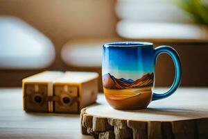 a coffee mug with a mountain scene on it. AI-Generated photo