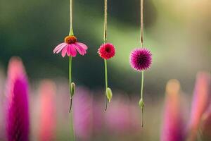 three pink flowers hanging from strings in a field. AI-Generated photo